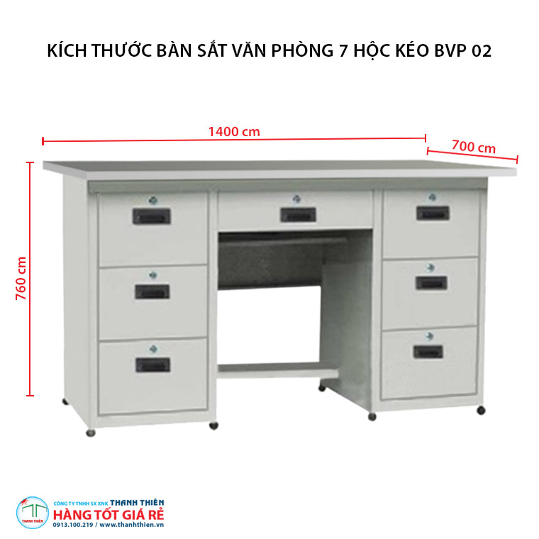 Kích thước bàn sắt văn phòng 7 hộc kéo BVP 02