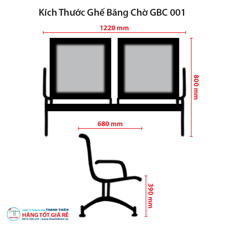 Kích thước ghế băng chờ 2 chỗ ngồi GBC 001