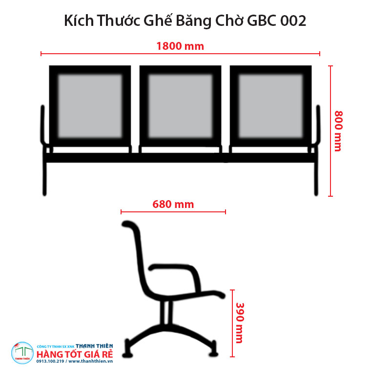 Kích thước ghế băng chờ 3 chỗ ngồi GBC 002