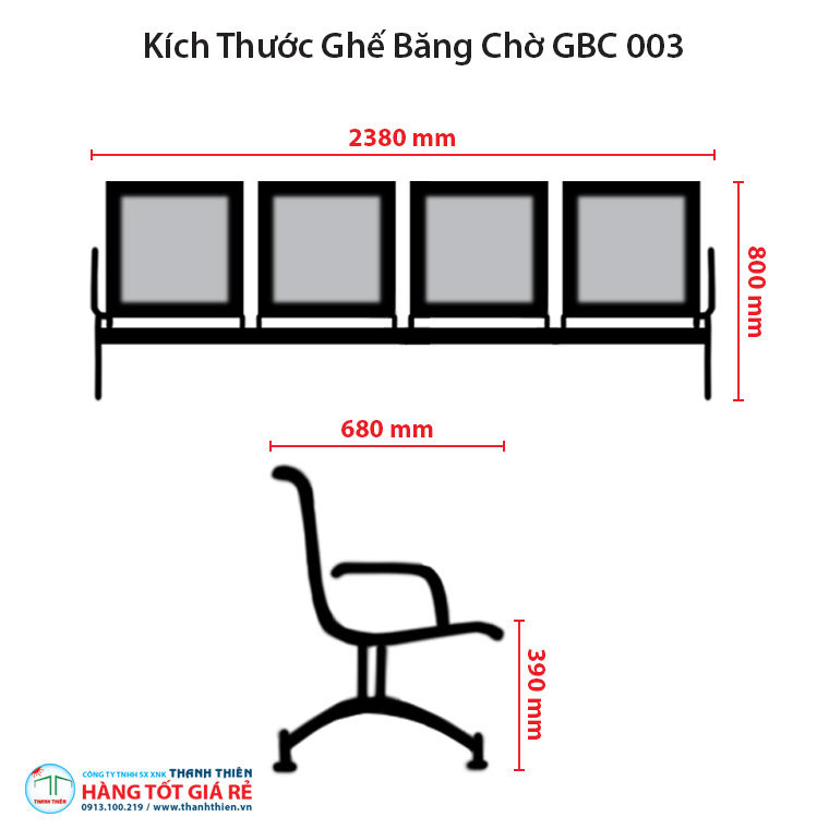 Kích thước ghế băng chờ 4 chỗ ngồi GBC 003