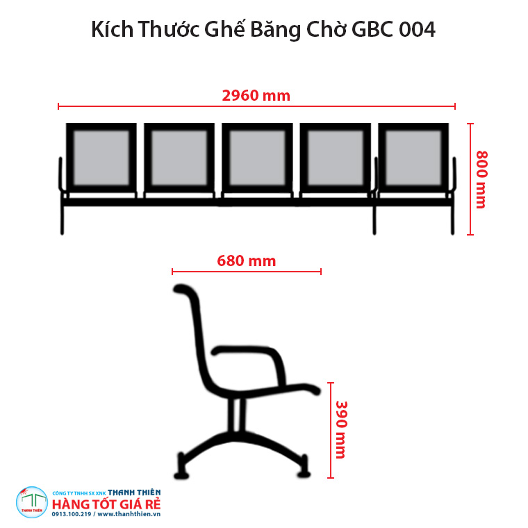 Kích thước ghế băng chờ 5 chỗ ngồi GBC 004