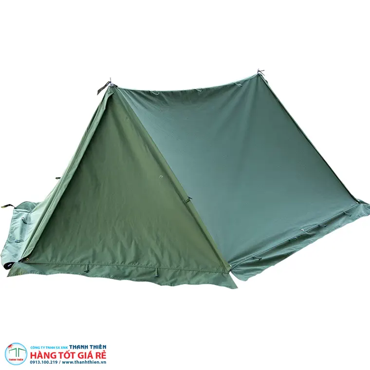 Lều bạt quân đội mái tam giác A-frame vải canvas xanh quân sự — kết cấu đơn giản dựng nhanh