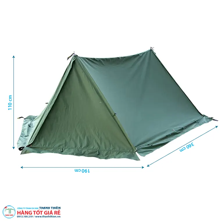 Lều bạt quân đội kích thước 360×190cm cao 110cm — phù hợp 4–6 người ngủ nghỉ dã ngoại