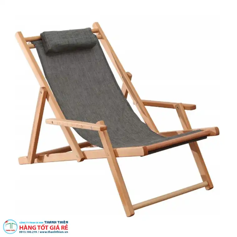 Ghế xếp gỗ tự nhiên vải lưới xám phong cách beach chair cafe sân vườn