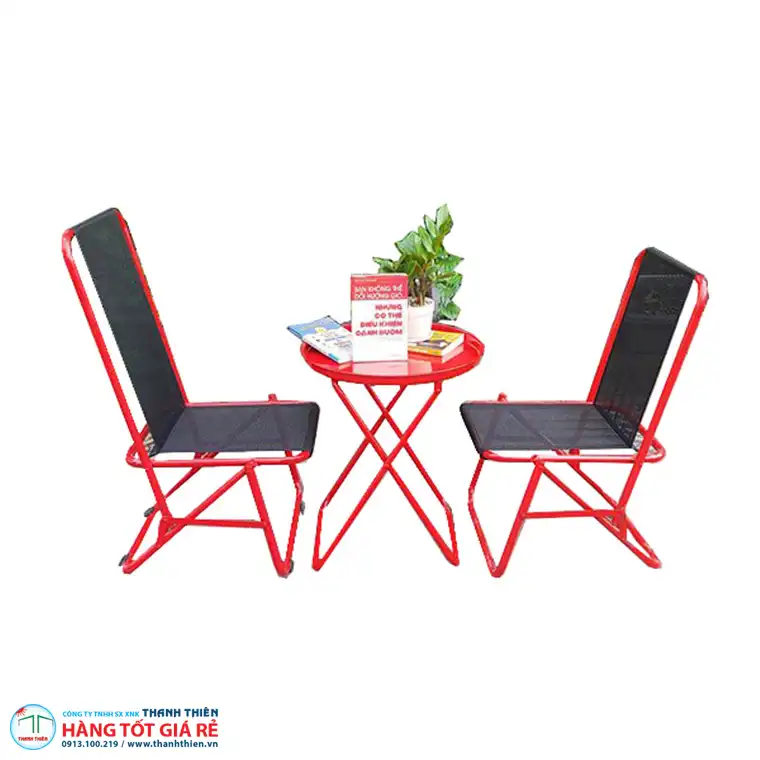 Bộ 2 ghế xếp cafe và bàn tròn xếp khung sắt sơn tĩnh điện đỏ vải lưới đen