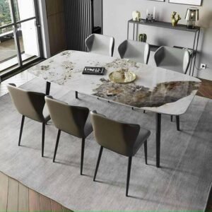 Bộ Bàn Ăn Mặt Đá Ceramic Chân Côn Chụp Inox 6 Ghế Vaz 809 - Ảnh 2