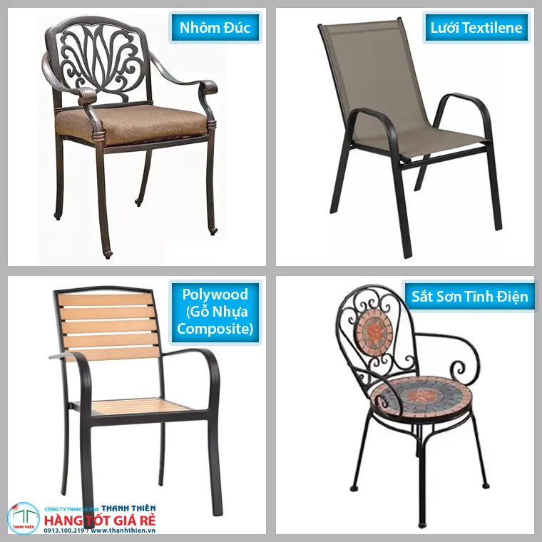 Bàn Ghế Sân Vườn Thương Mại - Giải Pháp Cho Quán Cafe, Nhà Hàng & Resort 2026 3 4 chất liệu bàn ghế sân vườn thương mại từ trái sang phải: nhôm đúc, Textilene lưới, Polywood HDPE, sắt sơn tĩnh điện — so sánh trực quan