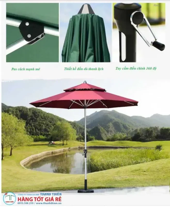 Chi tiết kỹ thuật ô dù chính tâm 2 tầng — pas cách kim loại, tay cầm điều chỉnh xoay 360 độ