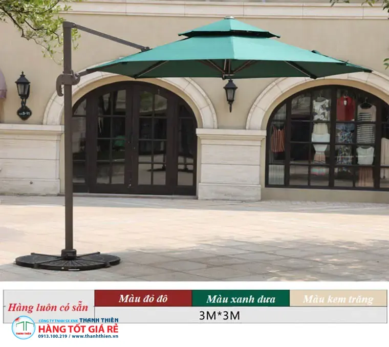 Ô dù lệch tâm tròn đường kính 3m màu xanh dưa — kích thước ô dù ngoài trời phổ biến nhất cho cafe và nhà hàng
