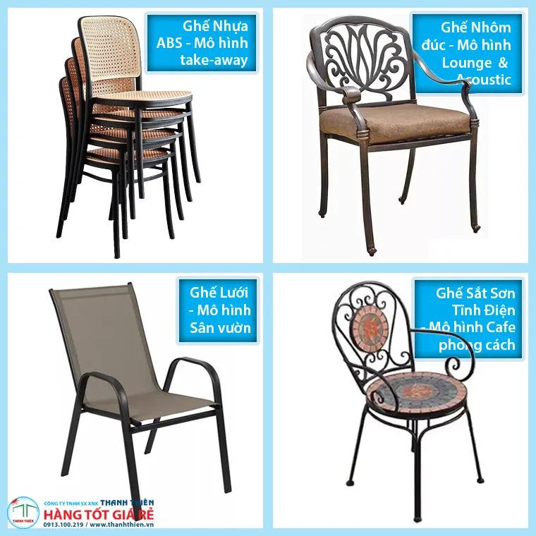 Bàn ghế cafe 4 mô hình: take-away stackable nhẹ, lounge padding dày, sân vườn nhôm UV, phong cách sắt đen