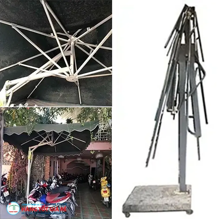 Rủi ro khi chọn sai ô dù ngoài trời — khung gỉ, vải bạc màu và chân đế không đủ tải trọng gây lật dù