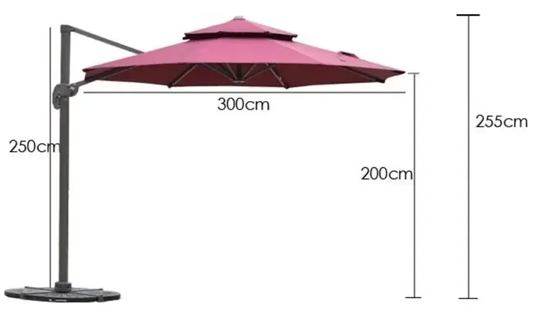 Sơ đồ kỹ thuật ô dù lệch tâm tròn đường kính 300cm — chiều cao cột 250cm, thông thuỷ 200cm