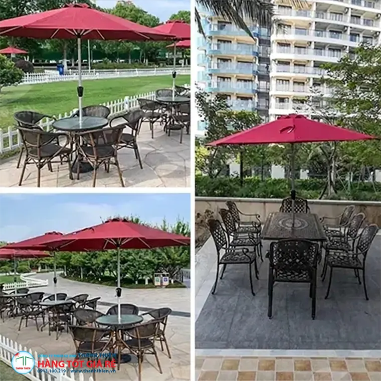 Bảng giá ô dù chính tâm đỏ che nắng khu beer garden ngoài trời — bàn ghế nhôm đúc sân vườn