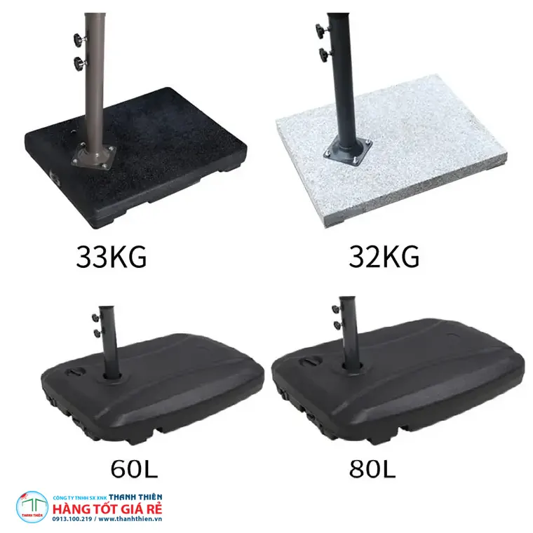 Bảng so sánh 4 loại đế ô dù: đá 32–33kg và nhựa 60–80 lít