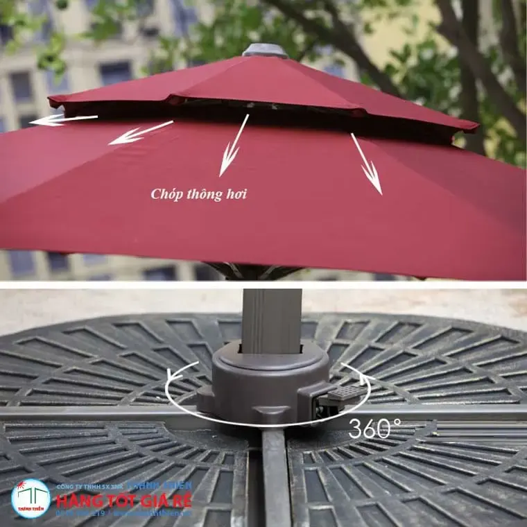 Chóp thông hơi và cơ chế xoay 360° của ô dù hồ bơi Ô dù hồ bơi chóp thông hơi phía trên tán và cơ chế xoay 360° tại đế — điều chỉnh hướng bóng mát