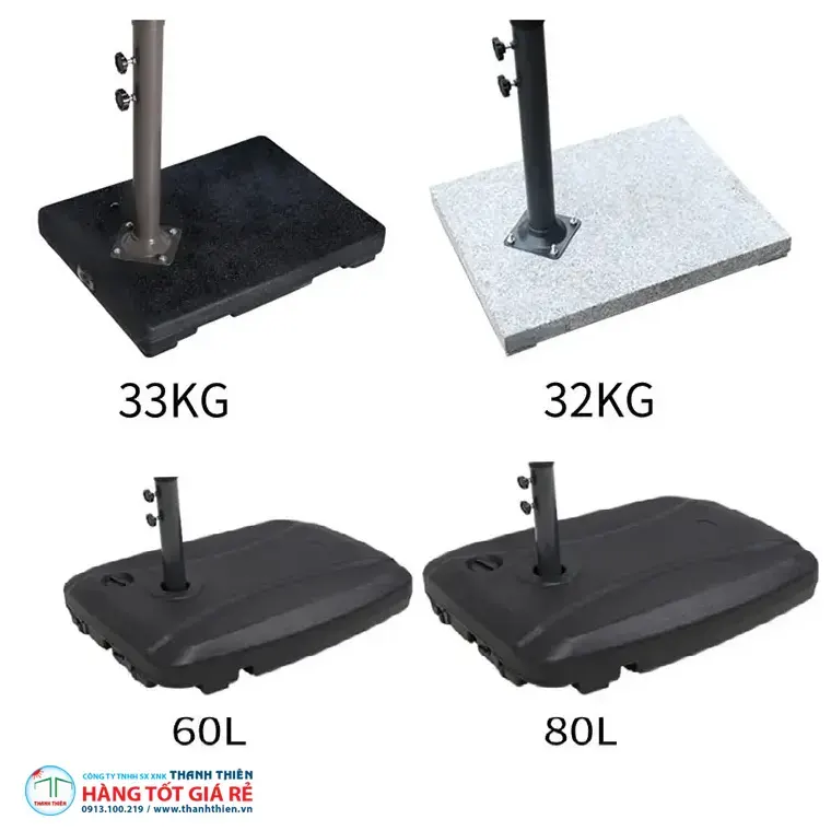Bốn loại đế ô dù thương mại cho resort — đá granite 32–33 kg và bồn nước 60–80 lít