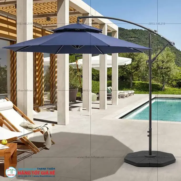Dù lệch tâm treo tròn cánh tay đòn Thanh Thiên Ô dù hồ bơi lệch tâm treo tròn cánh tay đòn Thanh Thiên — cột 2.7m, đế di động, phù hợp ghế tắm nắng resort