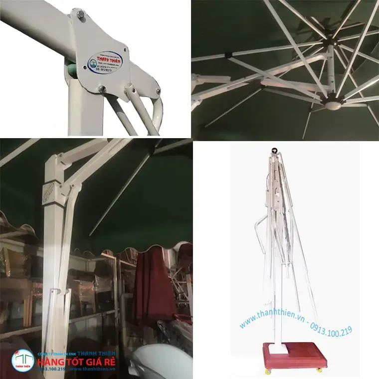 Chi tiết khung nhôm 1.8–2.5mm và cơ chế công nghiệp ô dù lệch tâm quán cafe — mối hàn kín, chịu gió cấp 5–7