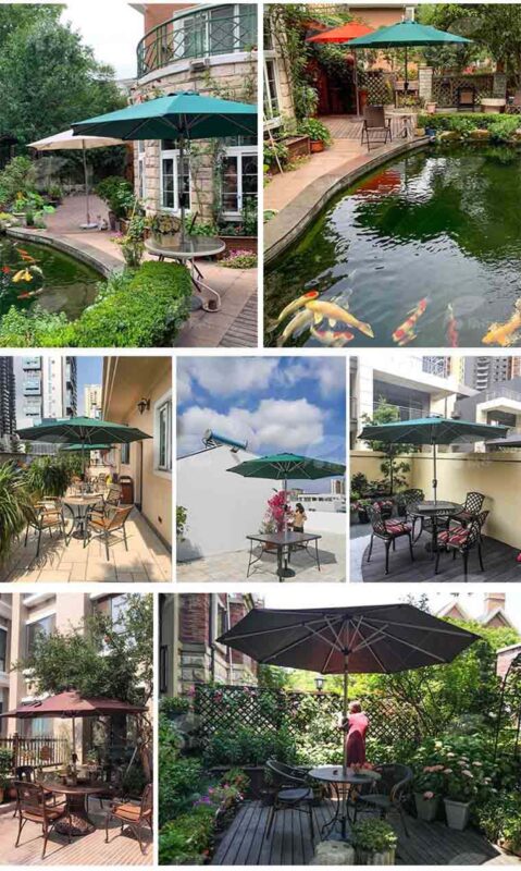 Ô dù chính tâm kem kết hợp bàn ghế nhôm đúc trong sân vườn tiểu cảnh nhỏ