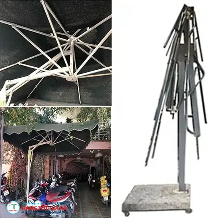 Ô dù ngoài trời hỏng — khung gỉ sét và cơ chế mở bị hỏng sau dùng sai tiêu chuẩn