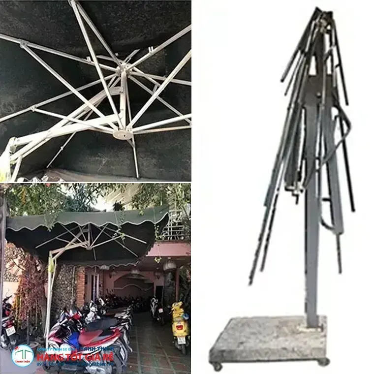 Khung ô dù gỉ sét và dù lệch tâm đổ ngã do chọn sai tiêu chuẩn chịu gió — rủi ro thực tế tại quán cafe ngoài trời