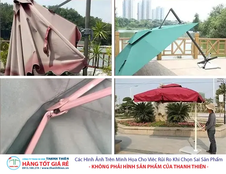 Rủi ro ô dù kém chất lượng — khung bị oxi hóa nặng, xương dù gãy không đỡ được tán — minh họa tình trạng cần thay cả bộ