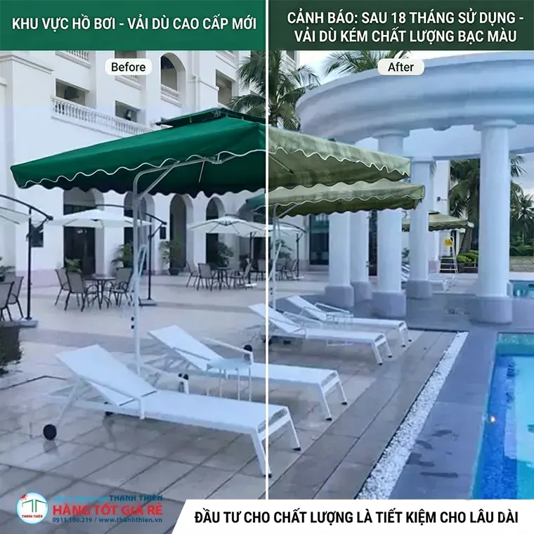 Vải dù bạc màu sau 18 tháng — dấu hiệu cần thay vải ô dù ngoài trời Vải dù bạc màu sau 18 tháng sử dụng — dấu hiệu điển hình cần thay vải ô dù ngoài trời