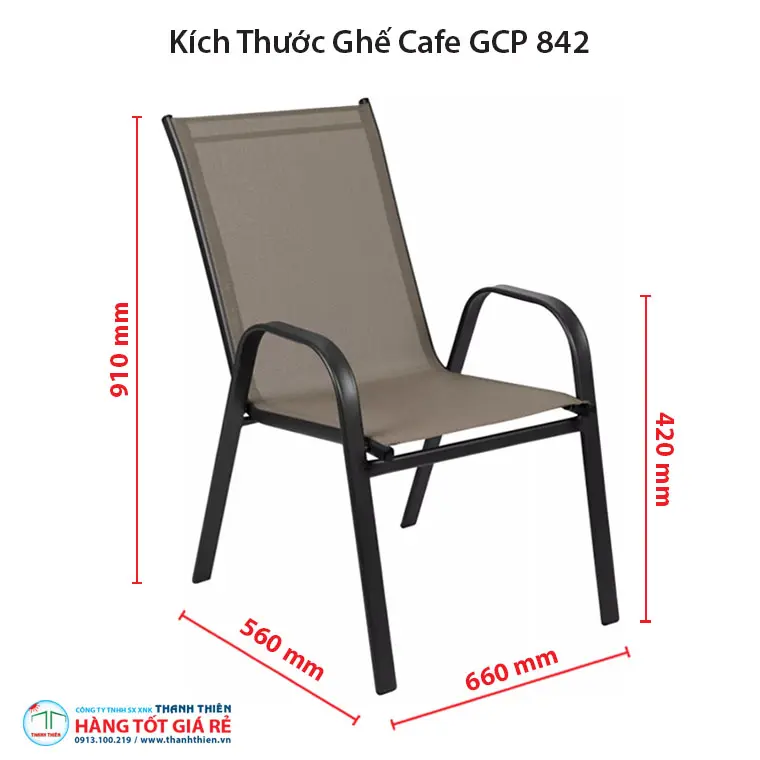 Kích thước ghế cafe nhôm lưới GCP 842: rộng 560 mm, sâu 660 mm, cao ngồi 420 mm