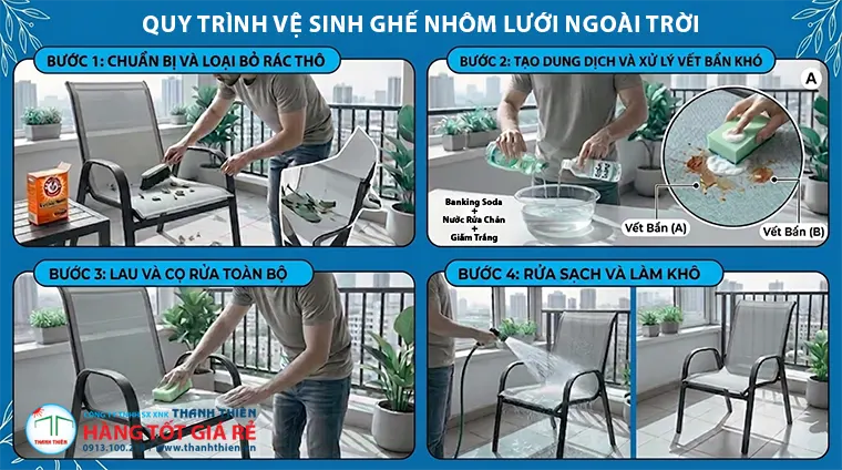 Quy trình 4 bước vệ sinh ghế nhôm lưới ngoài trời: chuẩn bị, tạo dung dịch, lau và cọ rửa, rửa sạch làm khô