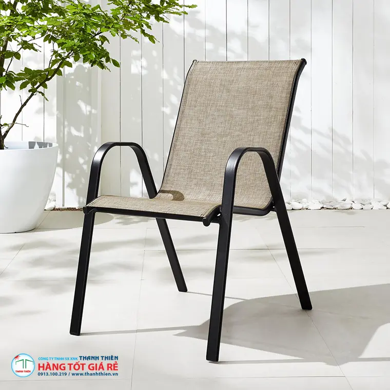 Ghế nhôm lưới Textilene GN010 khung đen — vải lưới PVC-polyester thoáng khí cho quán ngoài trời