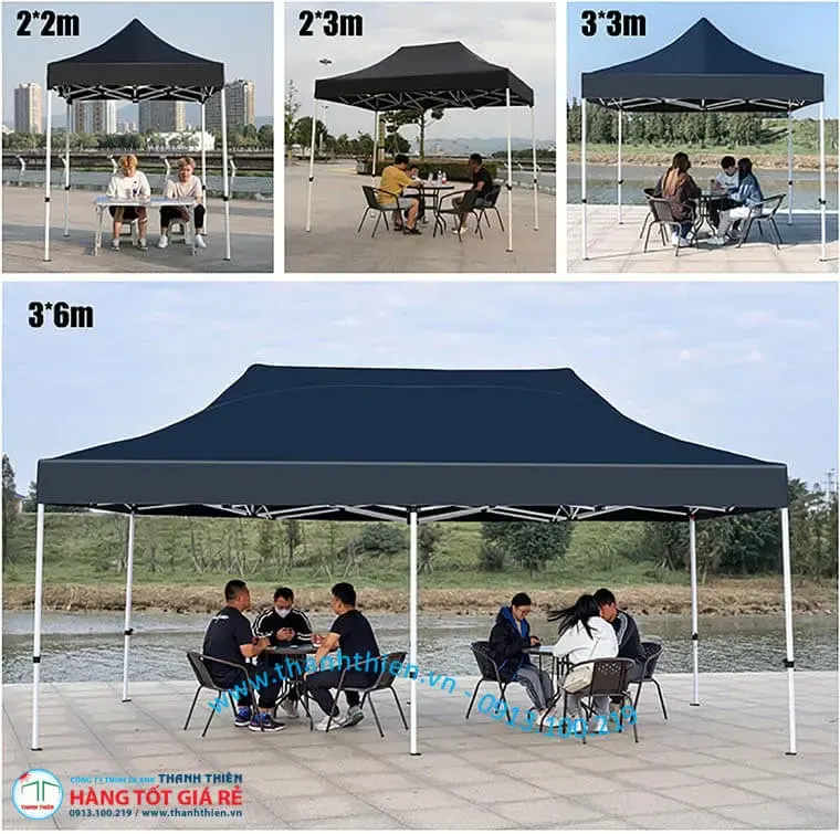 Báo giá lều xếp di động theo kích thước — 4 mẫu từ 2x2m đến 3x6m, tất cả có ở Thanh Thiên