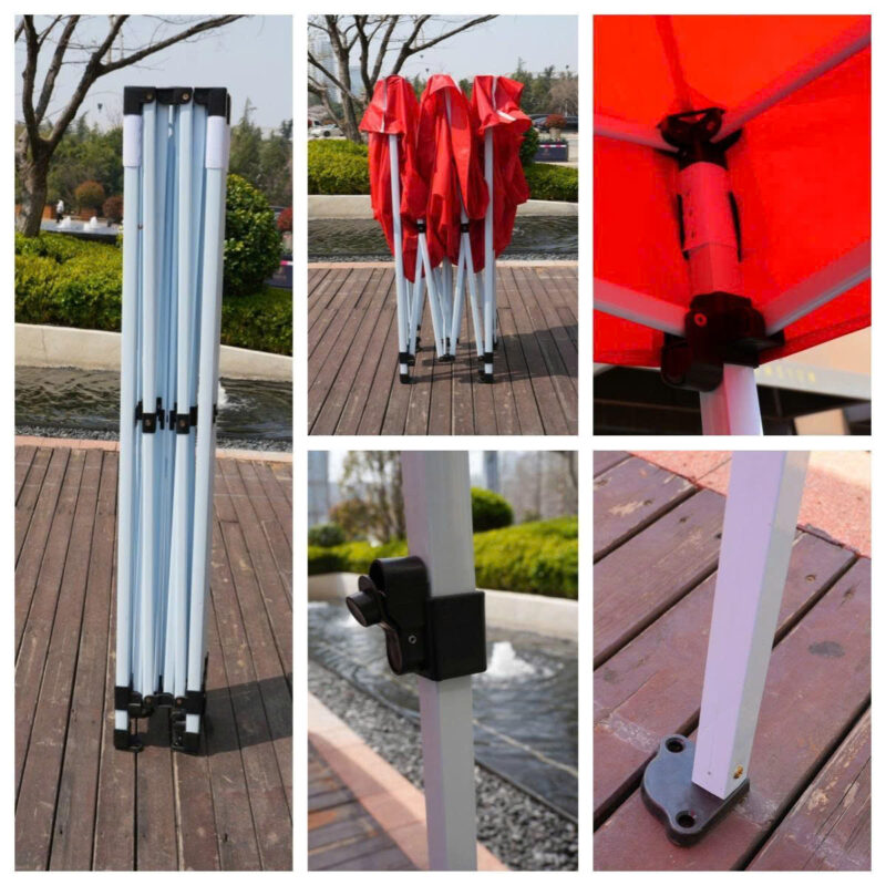 Chi tiết cơ chế khung lều xếp 3x3m: khung gấp đứng, trạng thái bung, slider khóa góc và chân đế