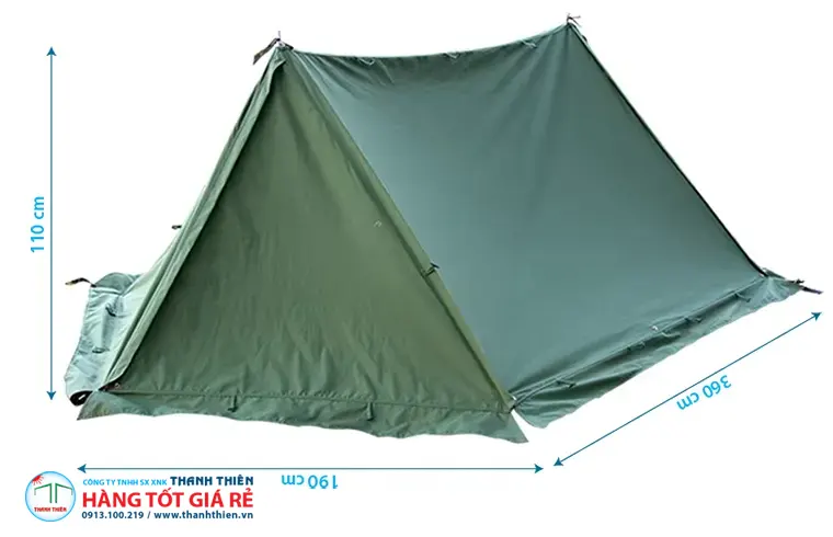 Lều bạt quân đội A-frame — số đo 110×190×360cm Lều bạt quân đội A-frame kích thước: cao đỉnh 110cm, nền 190×360cm, diện tích sàn 9m²