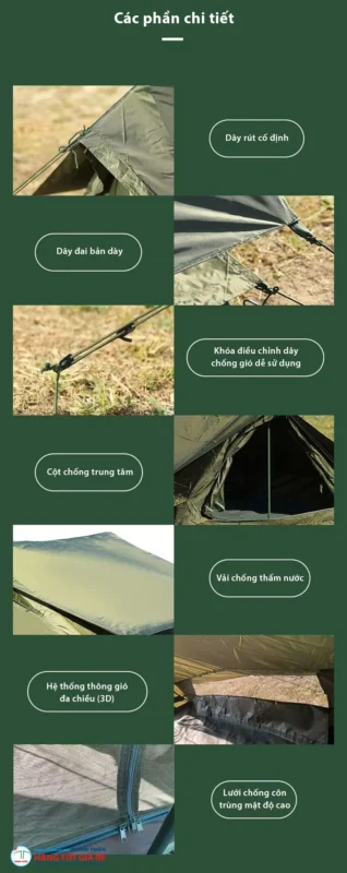 Lều bạt quân đội — các bộ phận chi tiết kỹ thuật Chi tiết các bộ phận lều bạt quân đội: dây rút cố định, cột chống, khóa điều chỉnh, lưới chống côn trùng