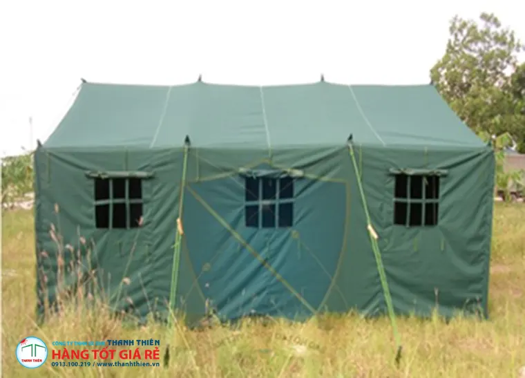 Lều bạt quân đội hộp đứng wall tent cỡ trung Lều bạt quân đội hộp đứng wall tent — chiều cao đứng thẳng 1,8–2m, cửa sổ 4 mặt, phù hợp trạm y tế