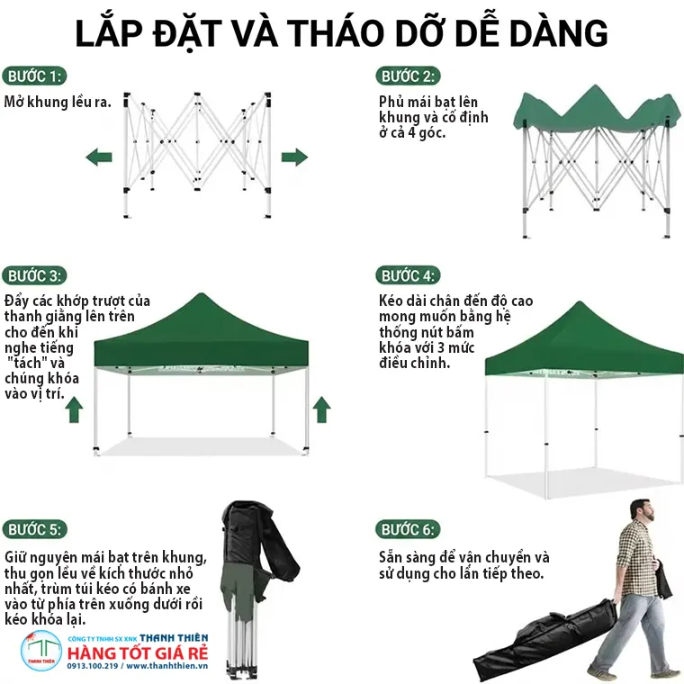 Hướng dẫn lắp dựng lều xếp di động 3×3m Thanh Thiên — 6 bước từ mở khung đến gấp gọn