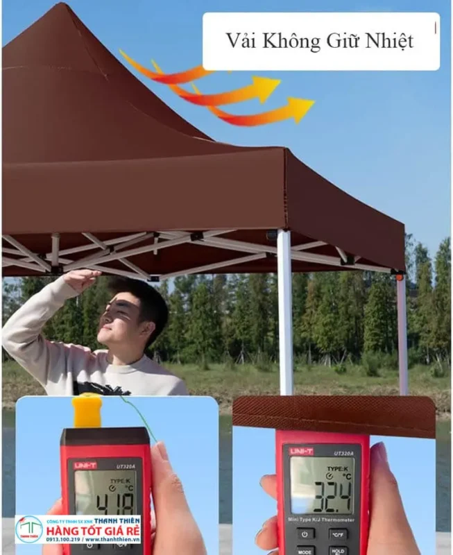 Lều xếp 3x3m vải chống nhiệt: đo thực tế 41,8°C mặt trên vs 32,4°C bên dưới vải (nhiệt kế UNI-T)