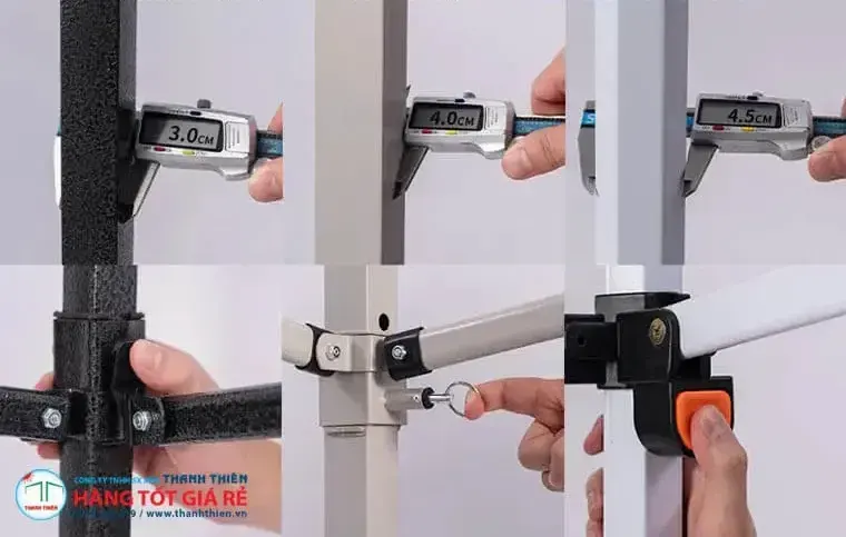 Đo ống khung nhôm lều xếp hội chợ triển lãm bằng thước kẹp — 3 cấp 3cm, 4cm, 4,5cm, kèm cơ chế khóa chốt góc