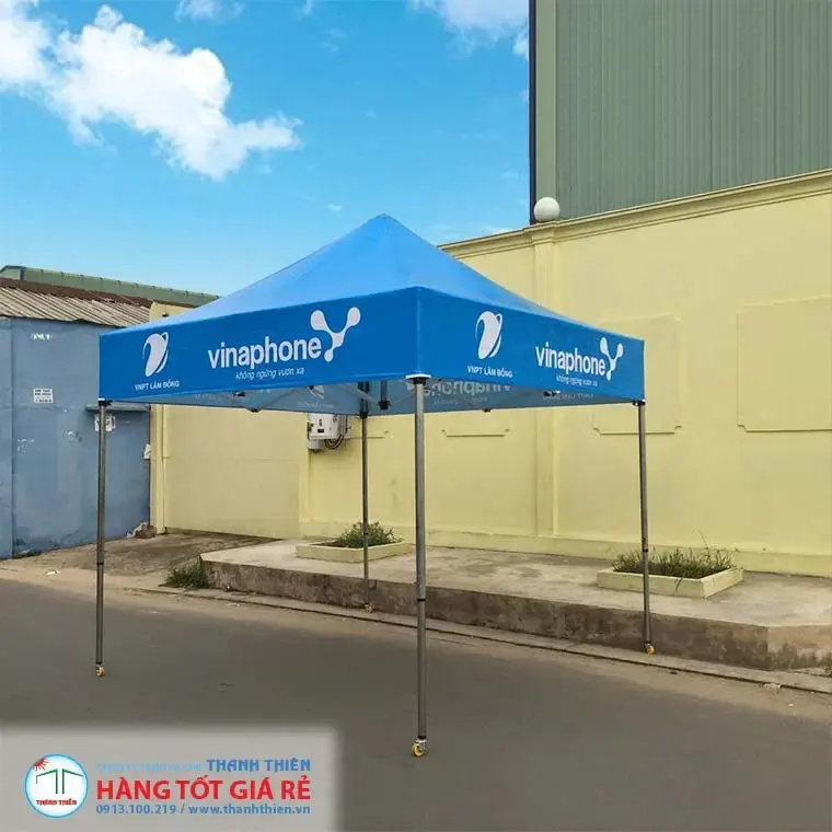 Lều xếp nhà bạt 3x3m in logo Vinaphone 4 mặt màu xanh dương