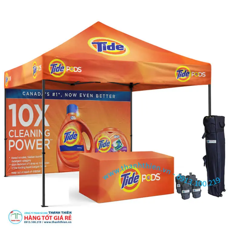 Lều xếp sự kiện doanh nghiệp 3×6m in logo full color Tide Lều xếp sự kiện doanh nghiệp 3×6m in logo Tide full color — kích thước lớn phù hợp sự kiện 60+ người
