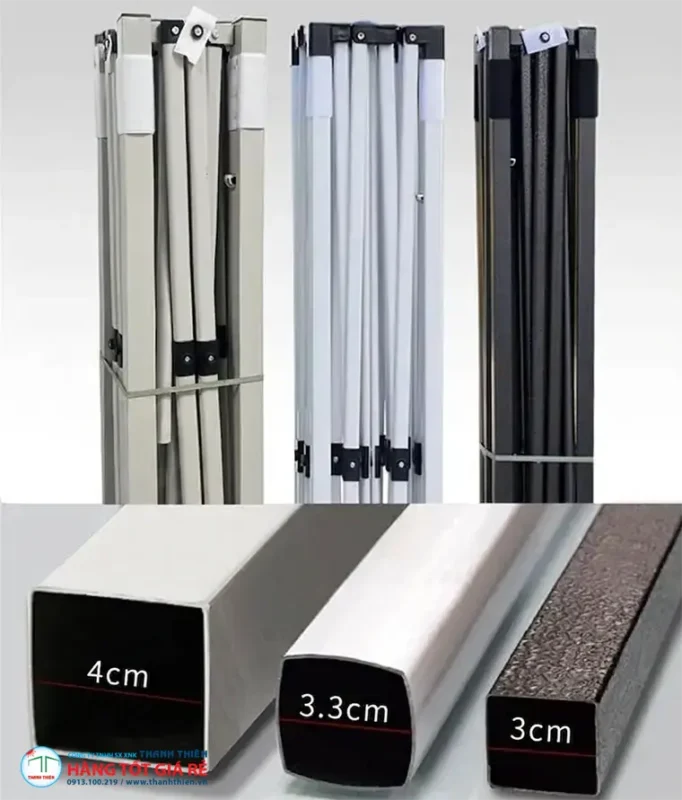 Lều xếp tiết diện khung nhôm 4cm, 3.3cm, 3cm — 3 cấp chất lượng khác nhau