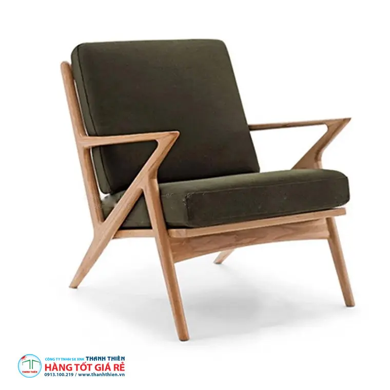 Ghế sofa gỗ khung Z tự nhiên với nệm ghế sofa gỗ vải đen xanh đậm may theo kích thước riêng