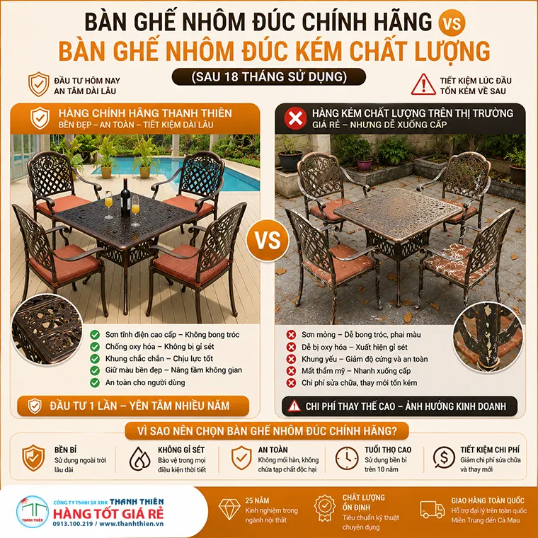 Home Megamarket 53 So sánh bàn ghế nhôm đúc chính hãng không gỉ sét và hàng kém chất lượng dễ oxy hóa sau 18 tháng
