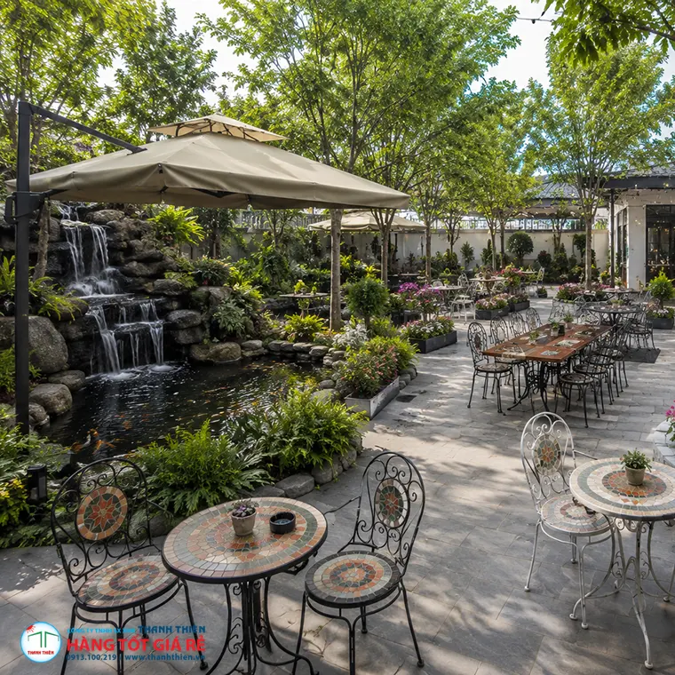 Bố trí bàn ghế cafe sân vườn 100m2 với hồ cảnh và ô dù lệch tâm che nắng