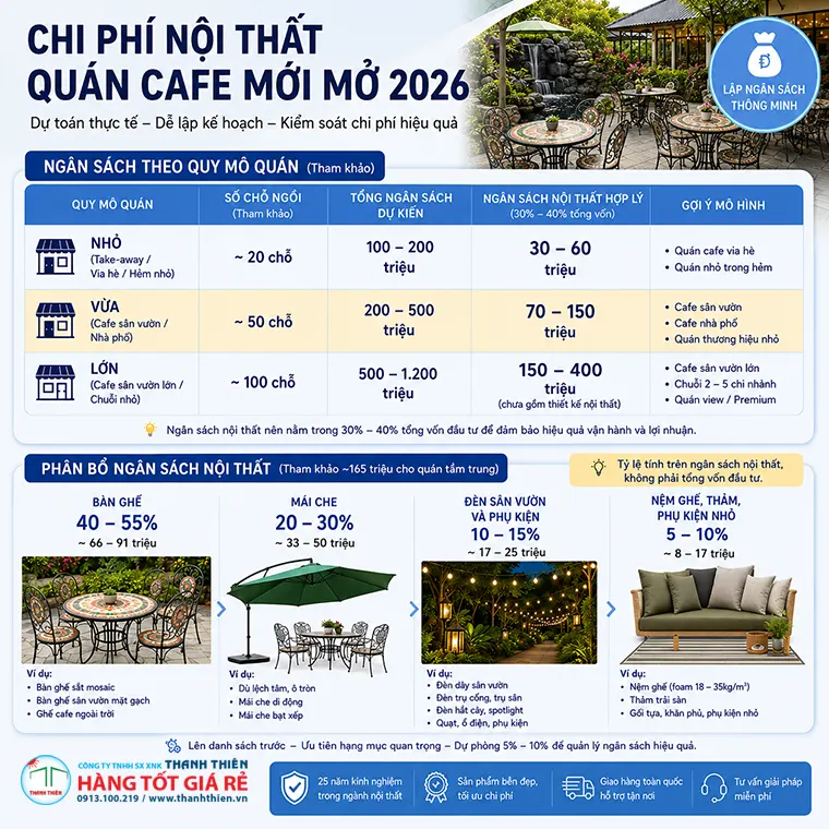 Chi phí nội thất quán cafe mới mở theo quy mô và hạng mục 2026 Infographic chi phí nội thất quán cafe mới mở 2026 theo quy mô và hạng mục