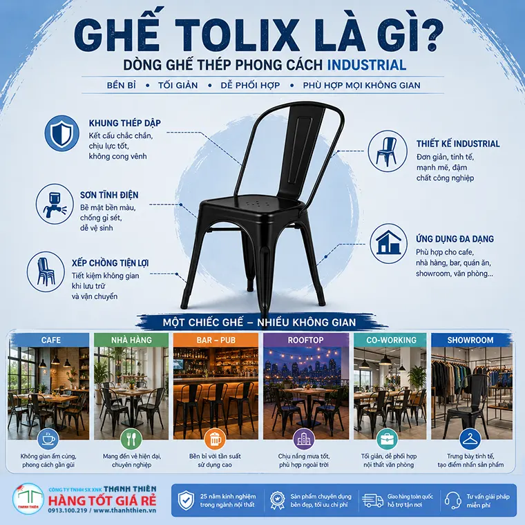 Ghế Tolix là gì — dòng ghế thép sơn tĩnh điện phong cách industrial