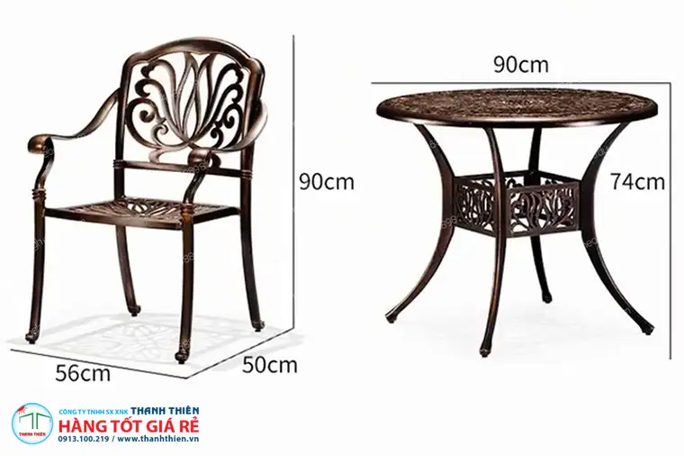 Bố Trí Bàn Ghế Cafe Sân Vườn 100m2 5 Kích thước bàn ghế nhôm đúc Ø90cm cao 74cm, ghế 56×50×90cm cho sân vườn 100m2