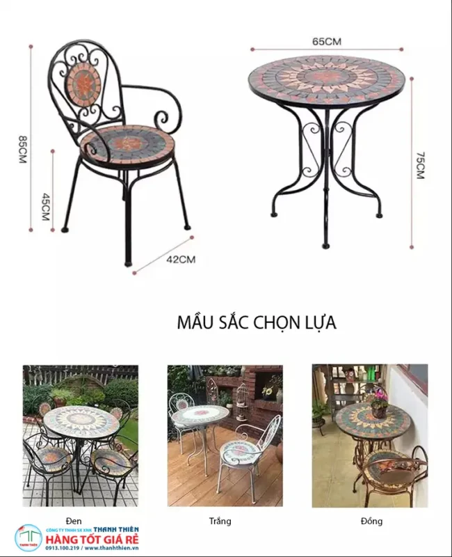 Bố Trí Bàn Ghế Cafe Sân Vườn 100m2 6 Kích thước bàn ghế sắt mặt đá Ø65cm cao 75cm, ghế 42×45×85cm cho sân vườn 100m2
