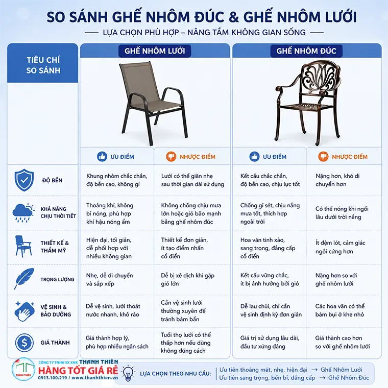 Nhôm đúc vs nhôm lưới — bảng so sánh độ bền, trọng lượng, giá theo 6 tiêu chí thực tế