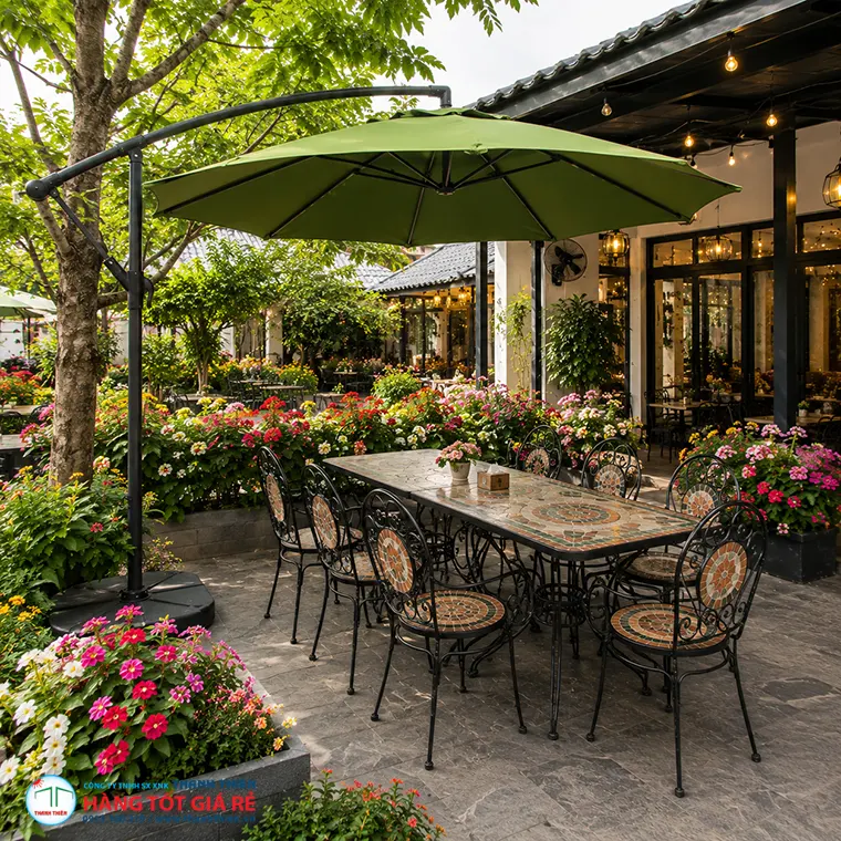 Nội thất nhà hàng ngoài trời sân vườn với ô dù lệch tâm và bàn ghế mặt đá mosaic